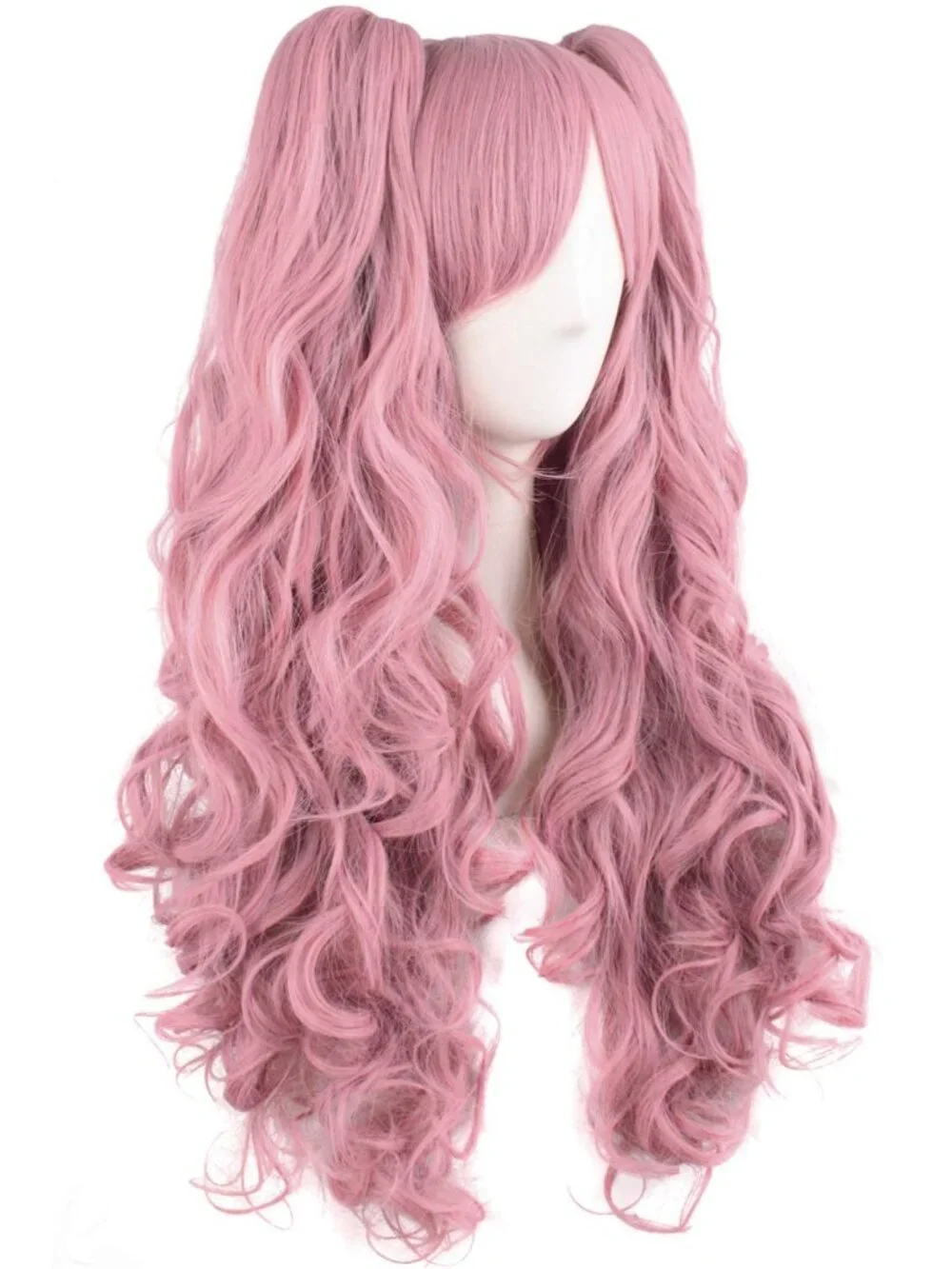 Women's Rouge Pink 28 Inch Lolita Long Curly 2 Ponytails Clip On Cosplay Wigs